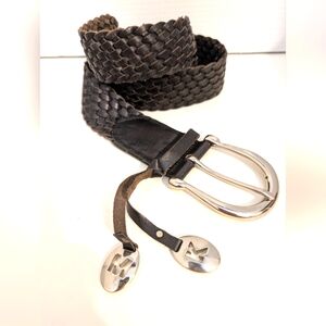 Michael Kors MK Black Leather Braided Belt With‎ Silver Buckle And MK Charms